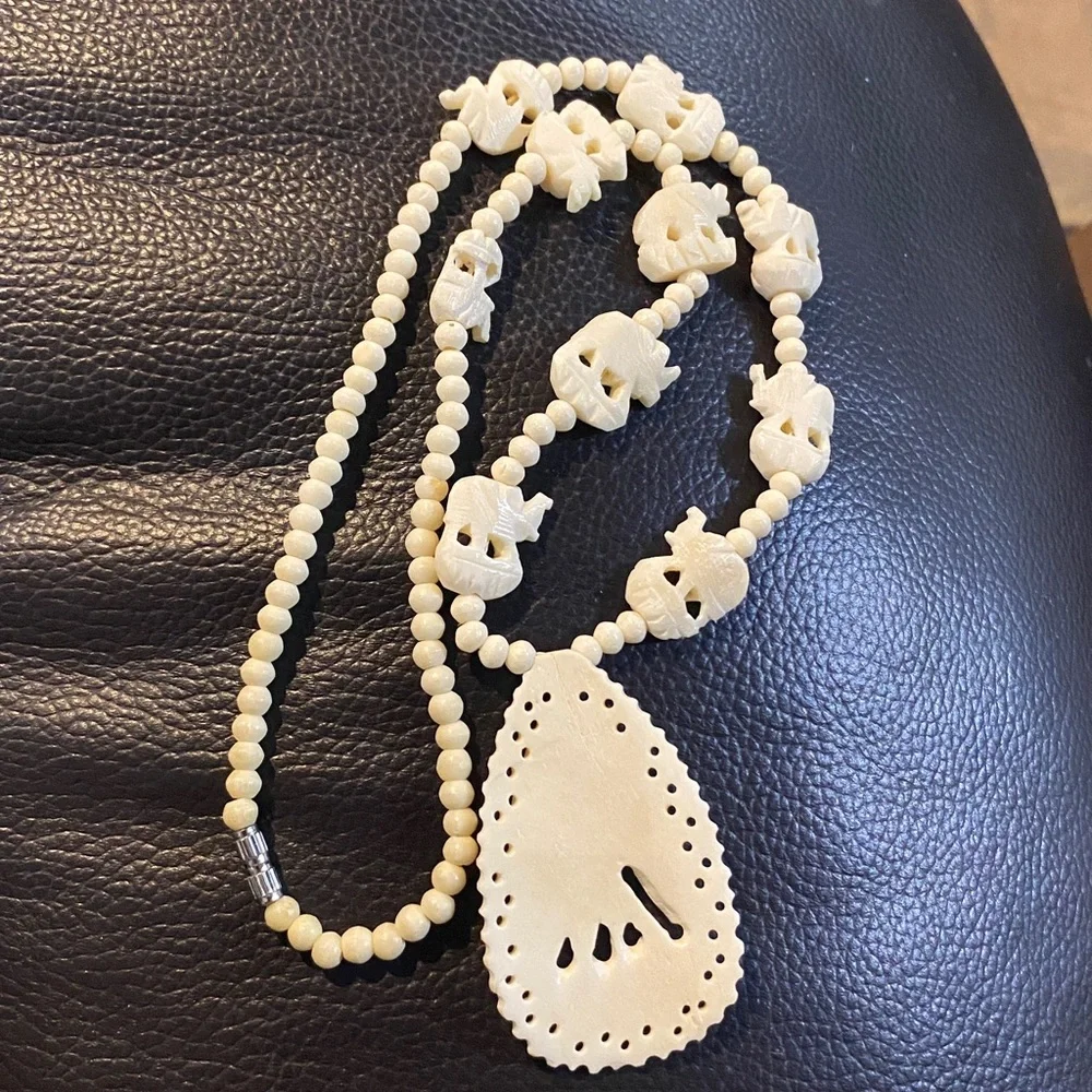 Vintage Carved Bone Pendant Off White Beaded Necklace Elephant Design Good Luck